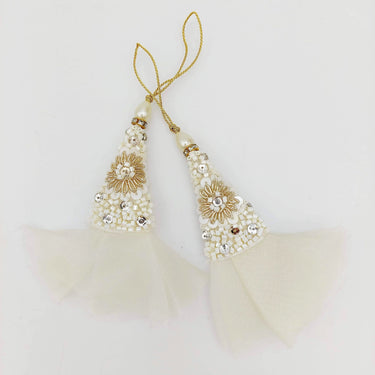 White Beaded Latkan In White Tissue Fabric and Zardozi Floral Embroidery, Indian Latkans, Blouse Latkan Sewing Latkans Bridal Tassels 1 Pair